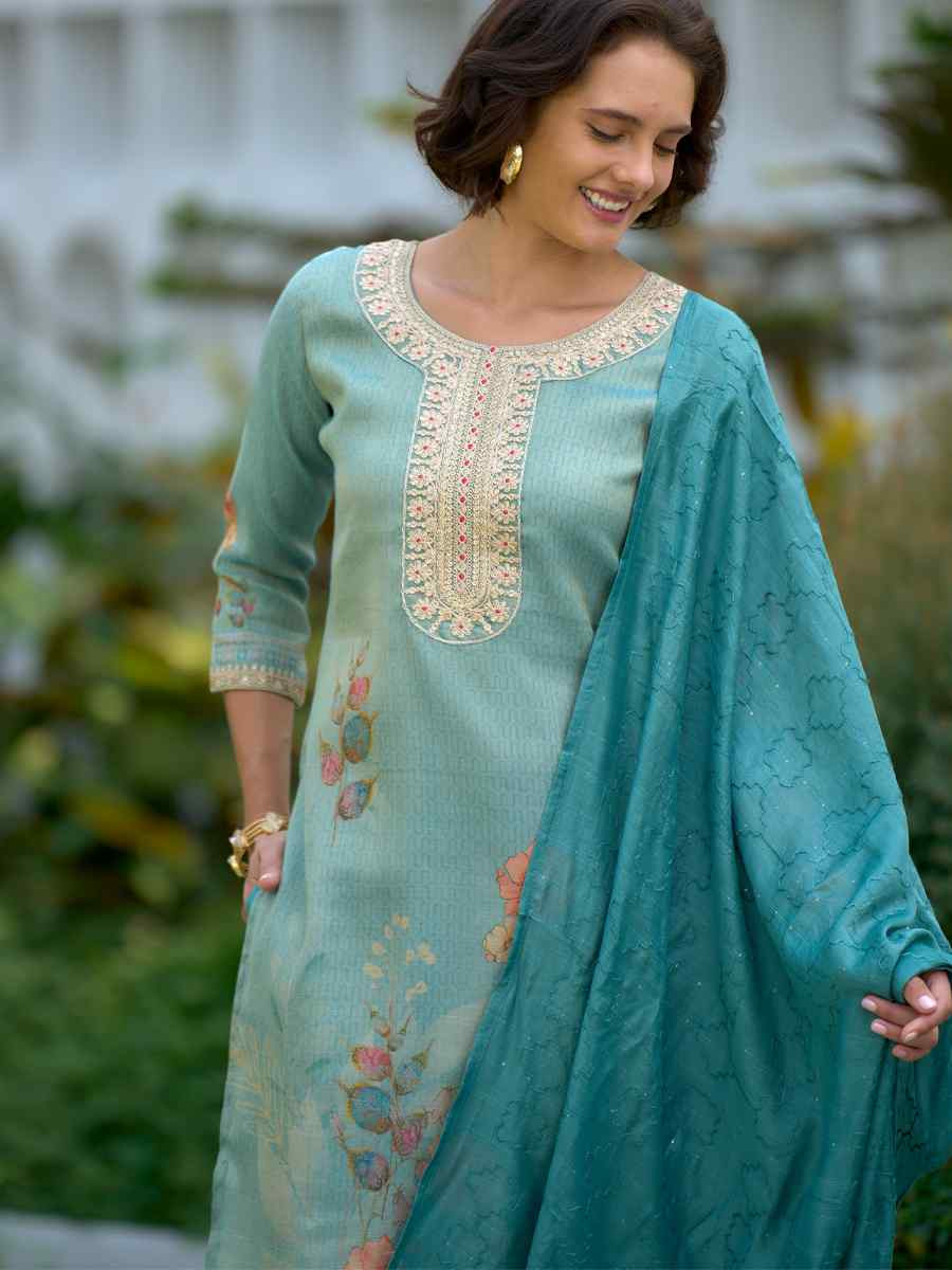 Sky Blue Tissue Embroidered Party Wedding Ready Pant Salwar Kameez