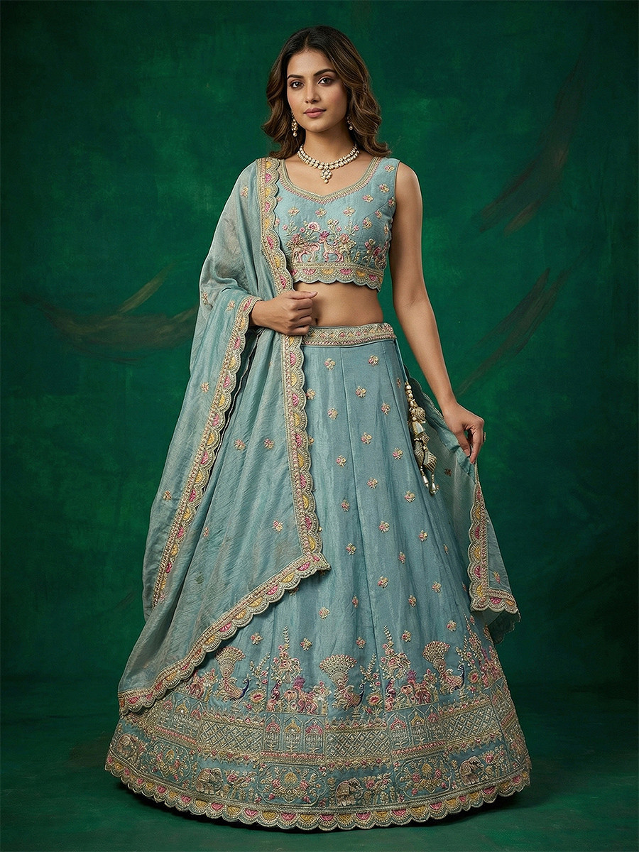 Sky Blue Tissue Embroidery Wedding Reception Party Festival Heavy Border Lehenga Choli