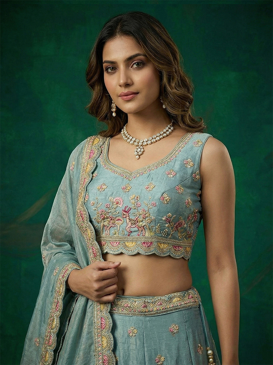 Sky Blue Tissue Embroidery Wedding Reception Party Festival Heavy Border Lehenga Choli