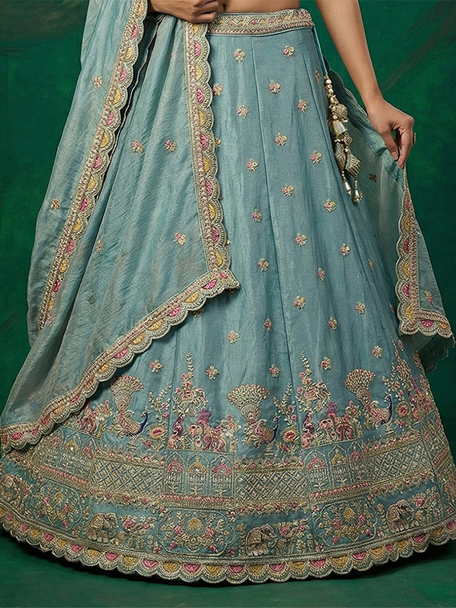 Sky Blue Tissue Embroidery Wedding Reception Party Festival Heavy Border Lehenga Choli