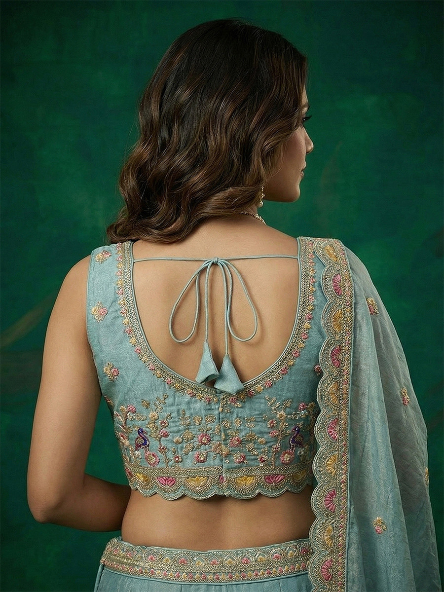 Sky Blue Tissue Embroidery Wedding Reception Party Festival Heavy Border Lehenga Choli
