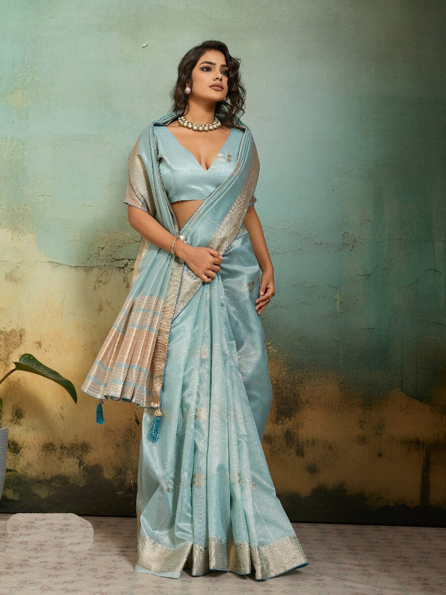 Sky Blue Tissue Infused Linen Silk Zari Woven Work Wedding Reception Party Festival Casual Heavy Border Sarees