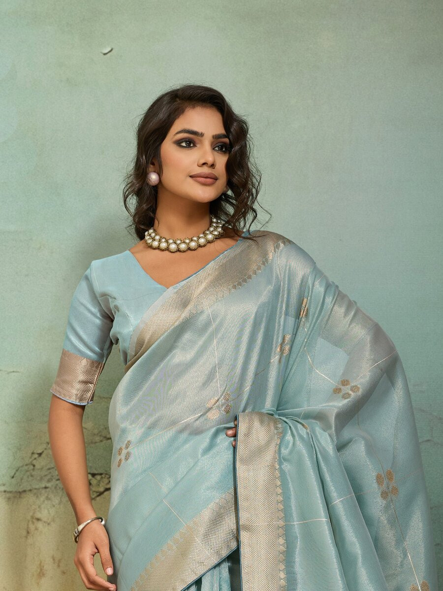 Sky Blue Tissue Infused Linen Silk Zari Woven Work Wedding Reception Party Festival Casual Heavy Border Sarees