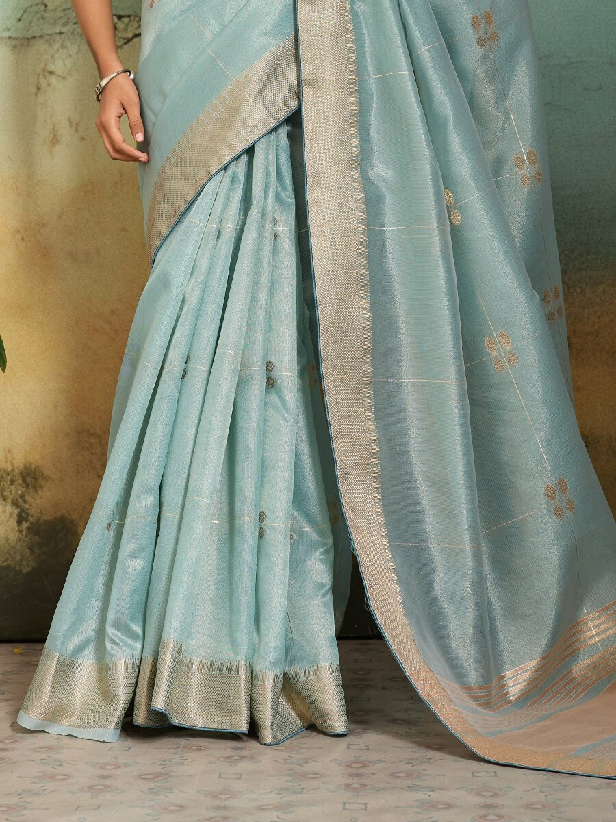 Sky Blue Tissue Infused Linen Silk Zari Woven Work Wedding Reception Party Festival Casual Heavy Border Sarees