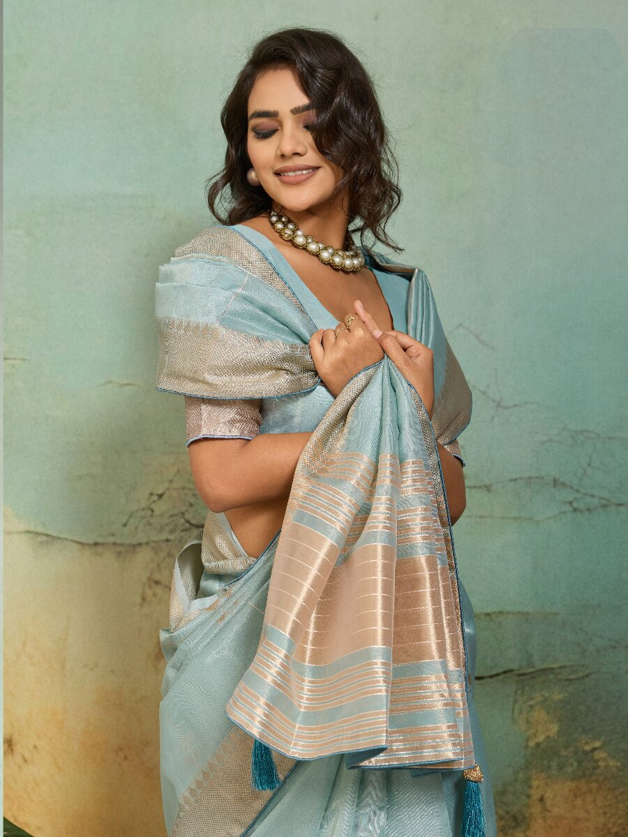 Sky Blue Tissue Infused Linen Silk Zari Woven Work Wedding Reception Party Festival Casual Heavy Border Sarees