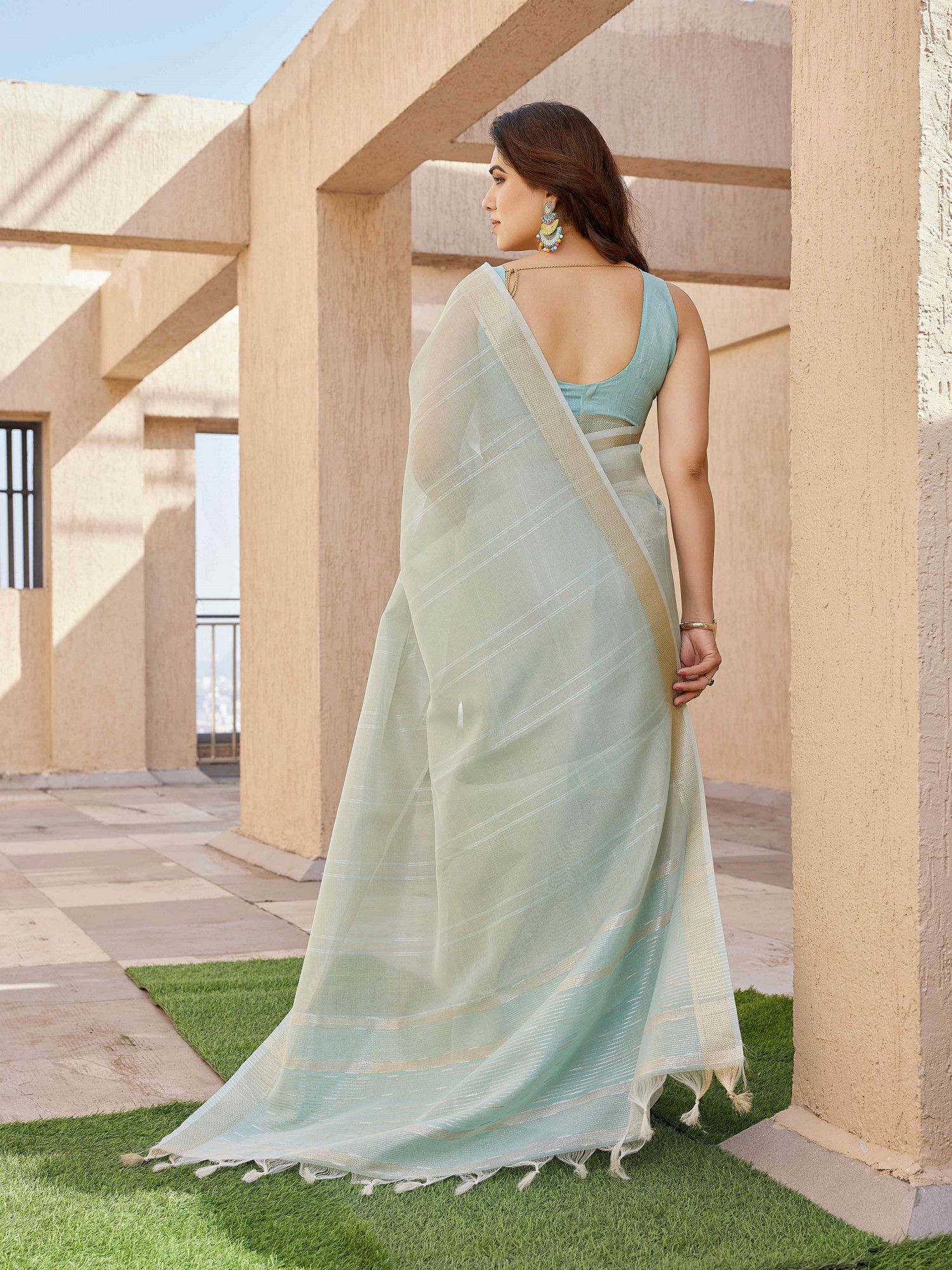 Sky Blue Tissue Linen Silk Zari Handwoven Casual Reception Festival Wedding Fancy Classic Style Sarees