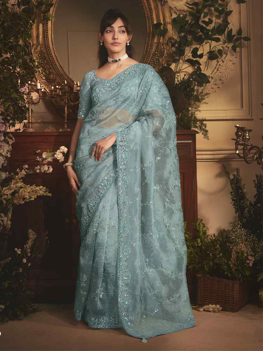 Sky Blue Tissue Organza Embroidery Traditional Bridal Reception Festival Wedding Fancy Heavy Border Saree