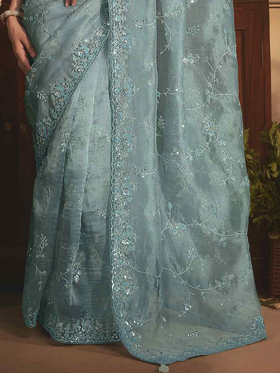 Sky Blue Tissue Organza Embroidery Traditional Bridal Reception Festival Wedding Fancy Heavy Border Saree