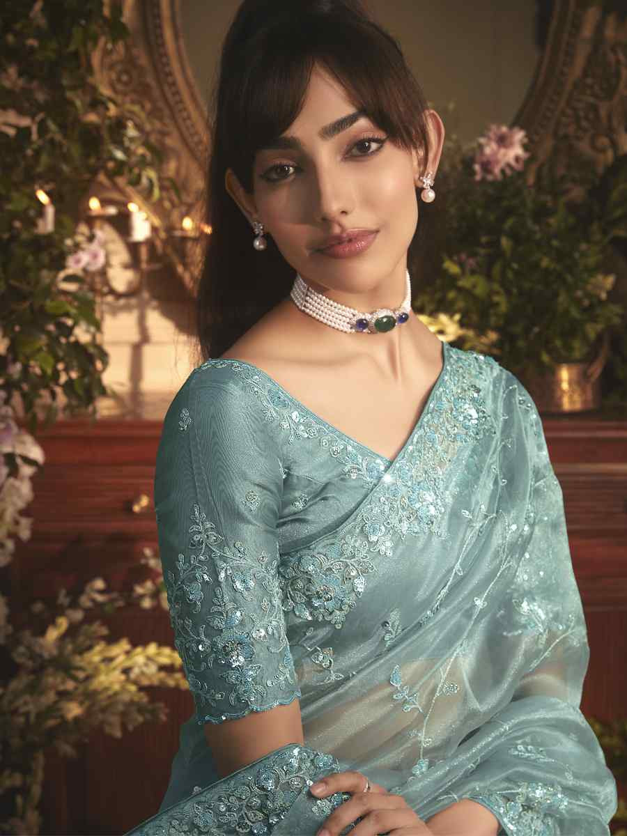 Sky Blue Tissue Organza Embroidery Traditional Bridal Reception Festival Wedding Fancy Heavy Border Saree