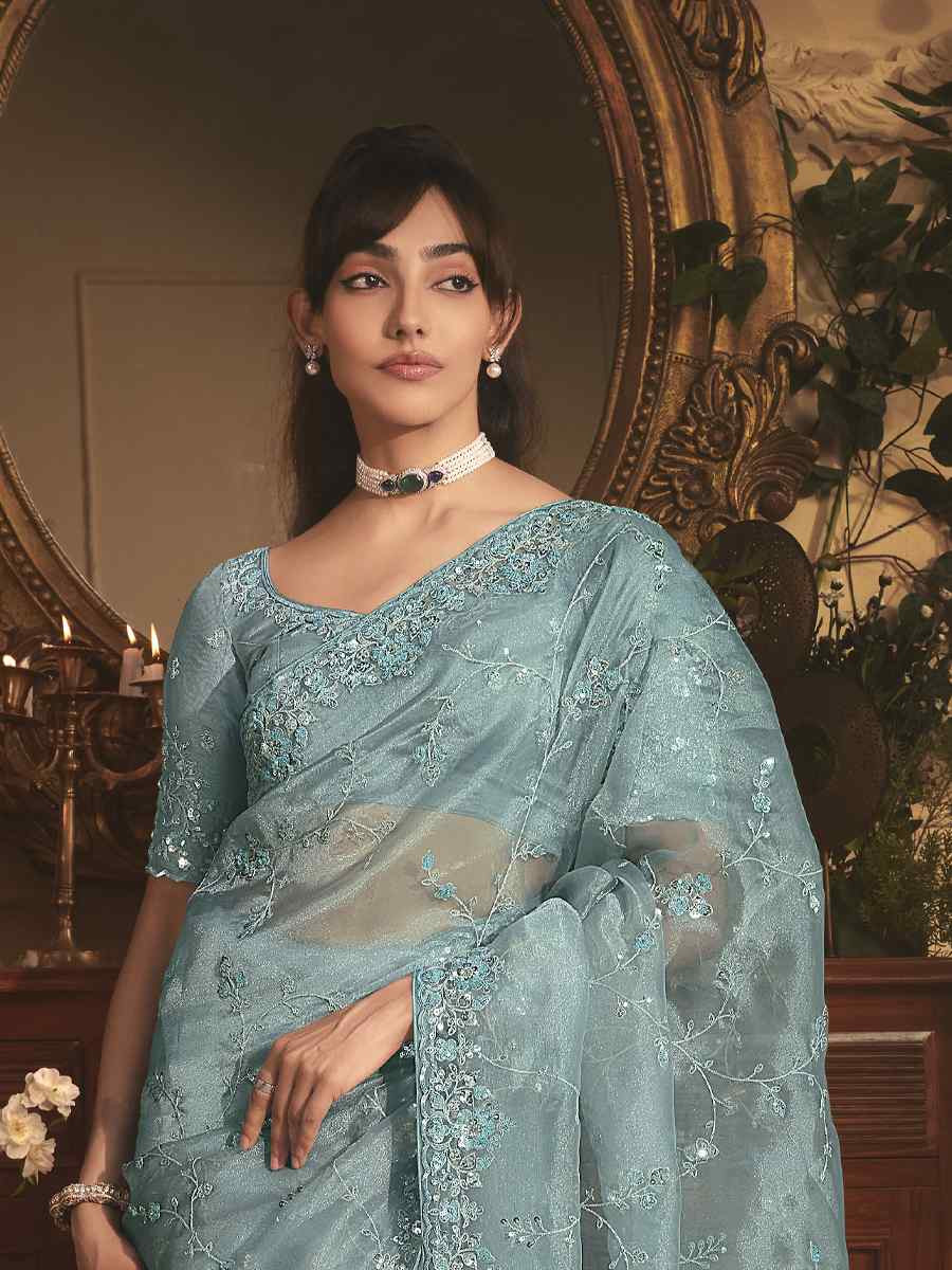 Sky Blue Tissue Organza Embroidery Traditional Bridal Reception Festival Wedding Fancy Heavy Border Saree