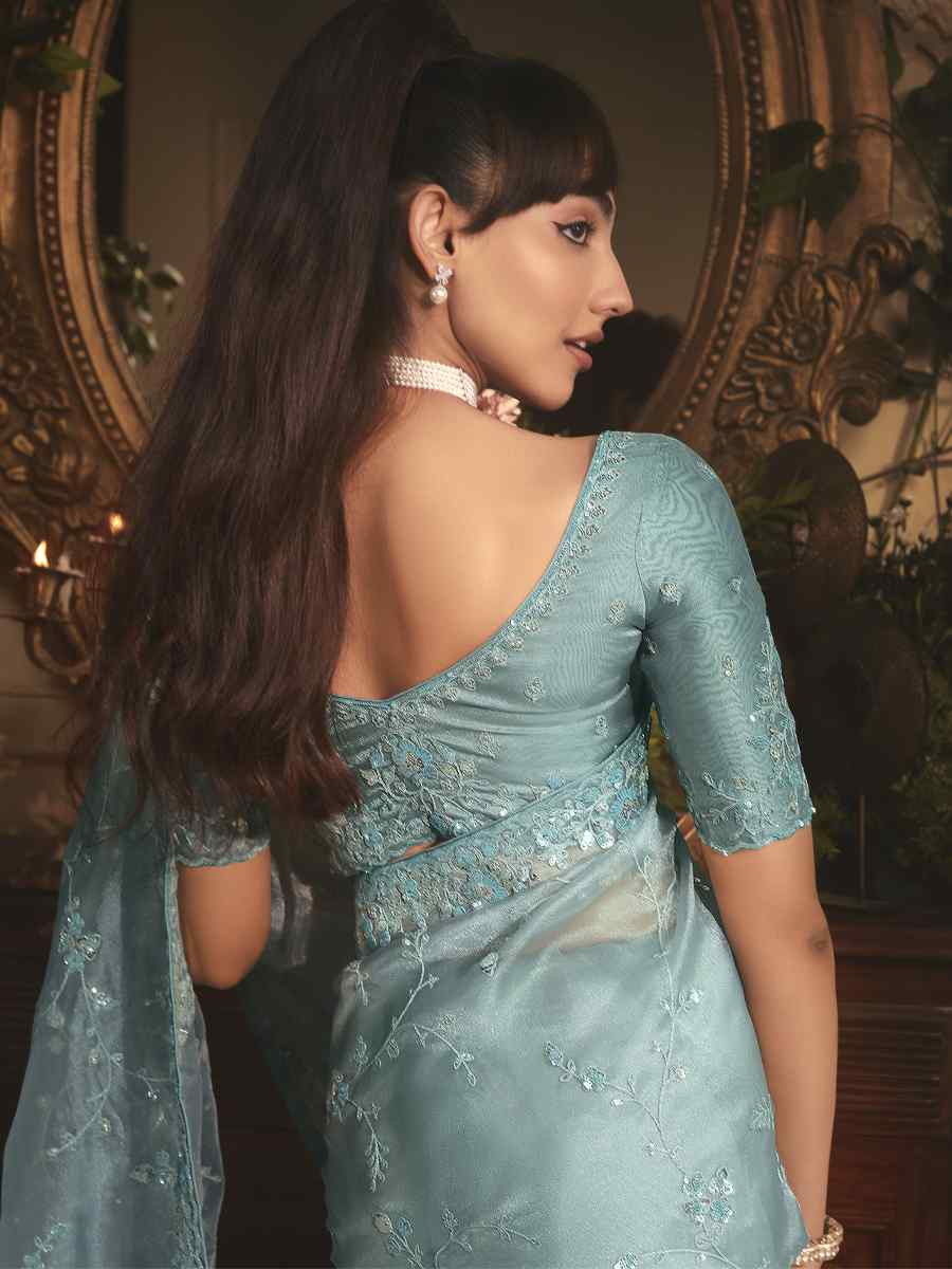 Sky Blue Tissue Organza Embroidery Traditional Bridal Reception Festival Wedding Fancy Heavy Border Saree