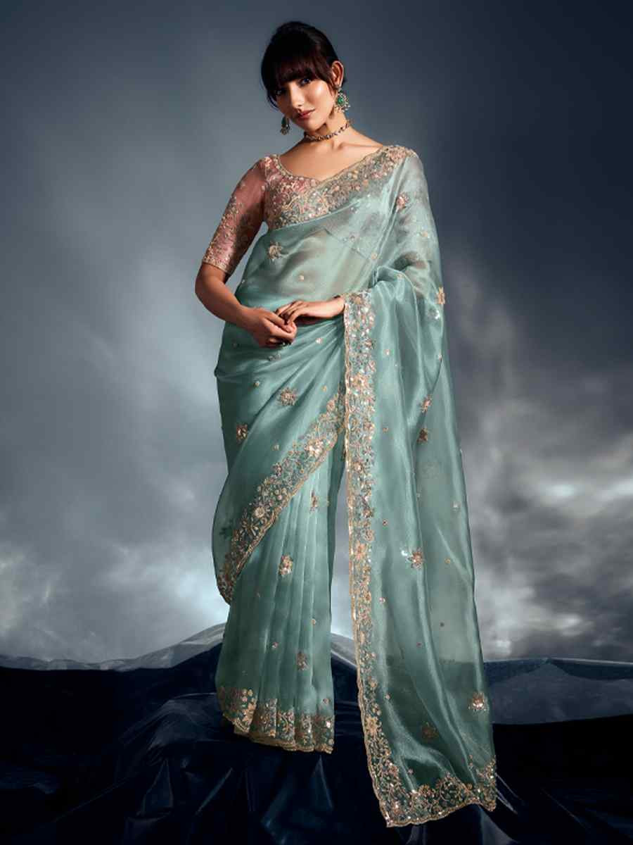 Sky Blue Tissue Organza Silk Embroidery Bridal Cocktail Party Reception Wedding Wear Heavy Border Sarees