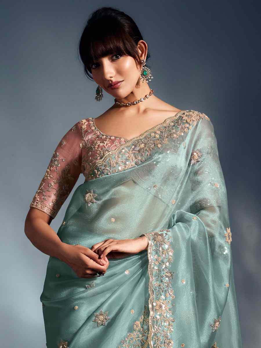 Sky Blue Tissue Organza Silk Embroidery Bridal Cocktail Party Reception Wedding Wear Heavy Border Sarees