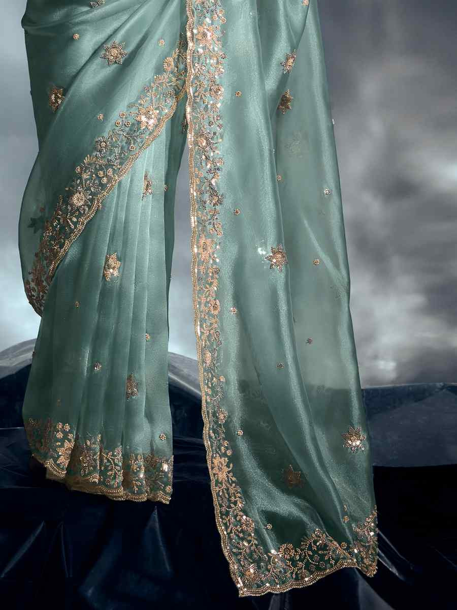 Sky Blue Tissue Organza Silk Embroidery Bridal Cocktail Party Reception Wedding Wear Heavy Border Sarees