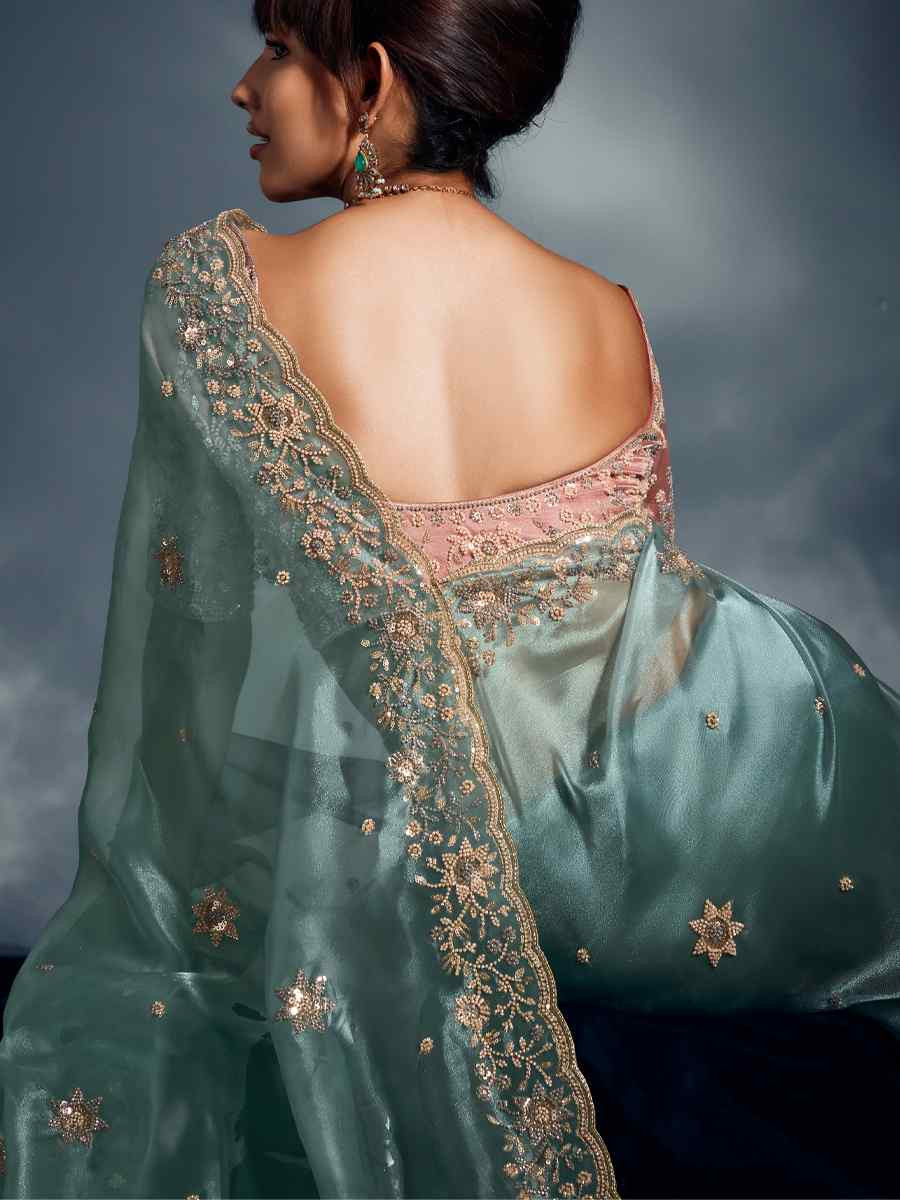 Sky Blue Tissue Organza Silk Embroidery Bridal Cocktail Party Reception Wedding Wear Heavy Border Sarees