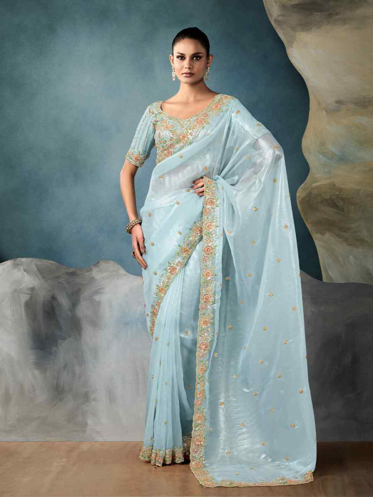 Sky Blue Tissue Silk Embroidered Festival Wedding Fancy Heavy Border Saree