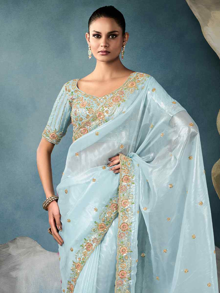 Sky Blue Tissue Silk Embroidered Festival Wedding Fancy Heavy Border Saree
