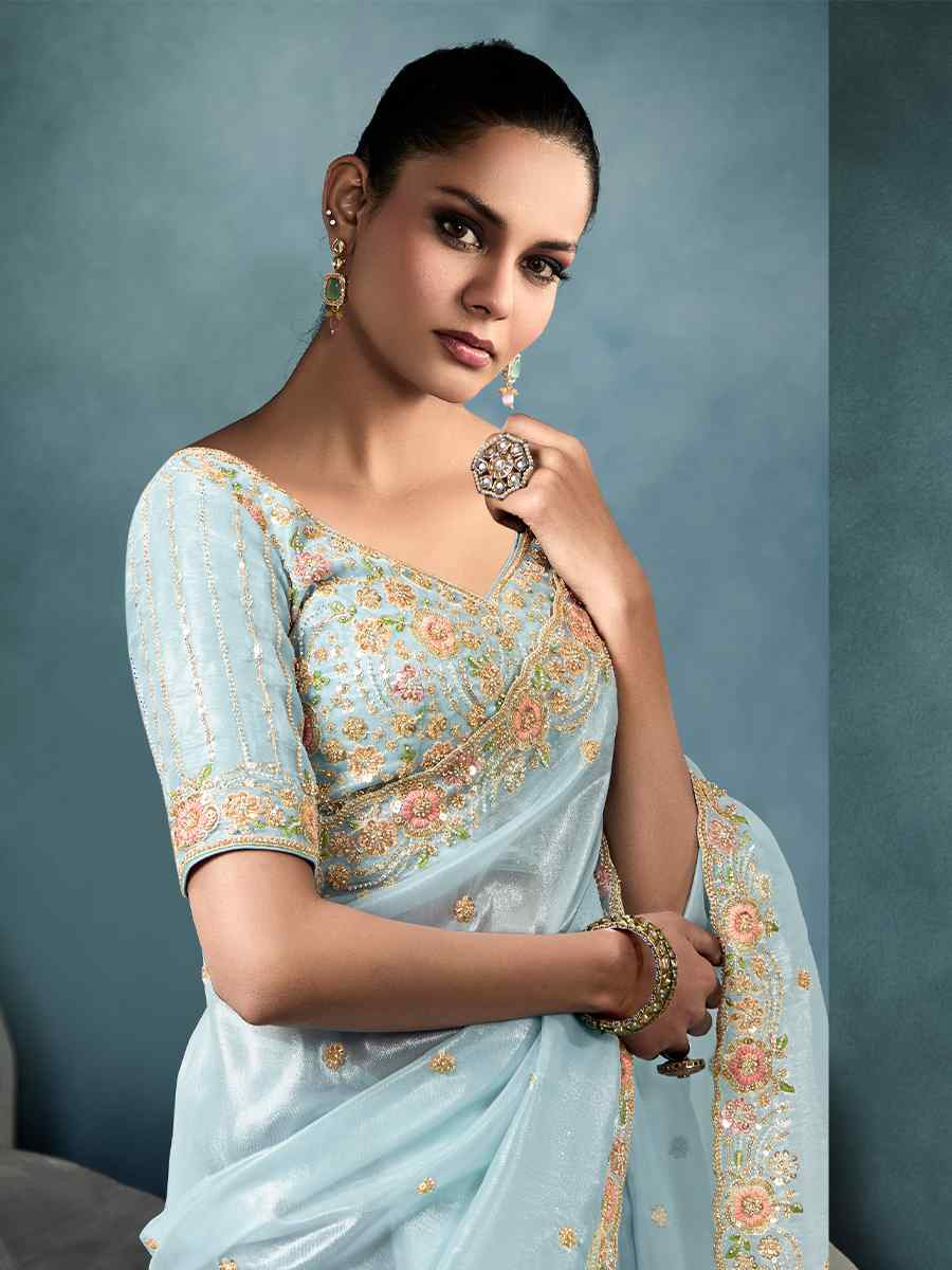 Sky Blue Tissue Silk Embroidered Festival Wedding Fancy Heavy Border Saree