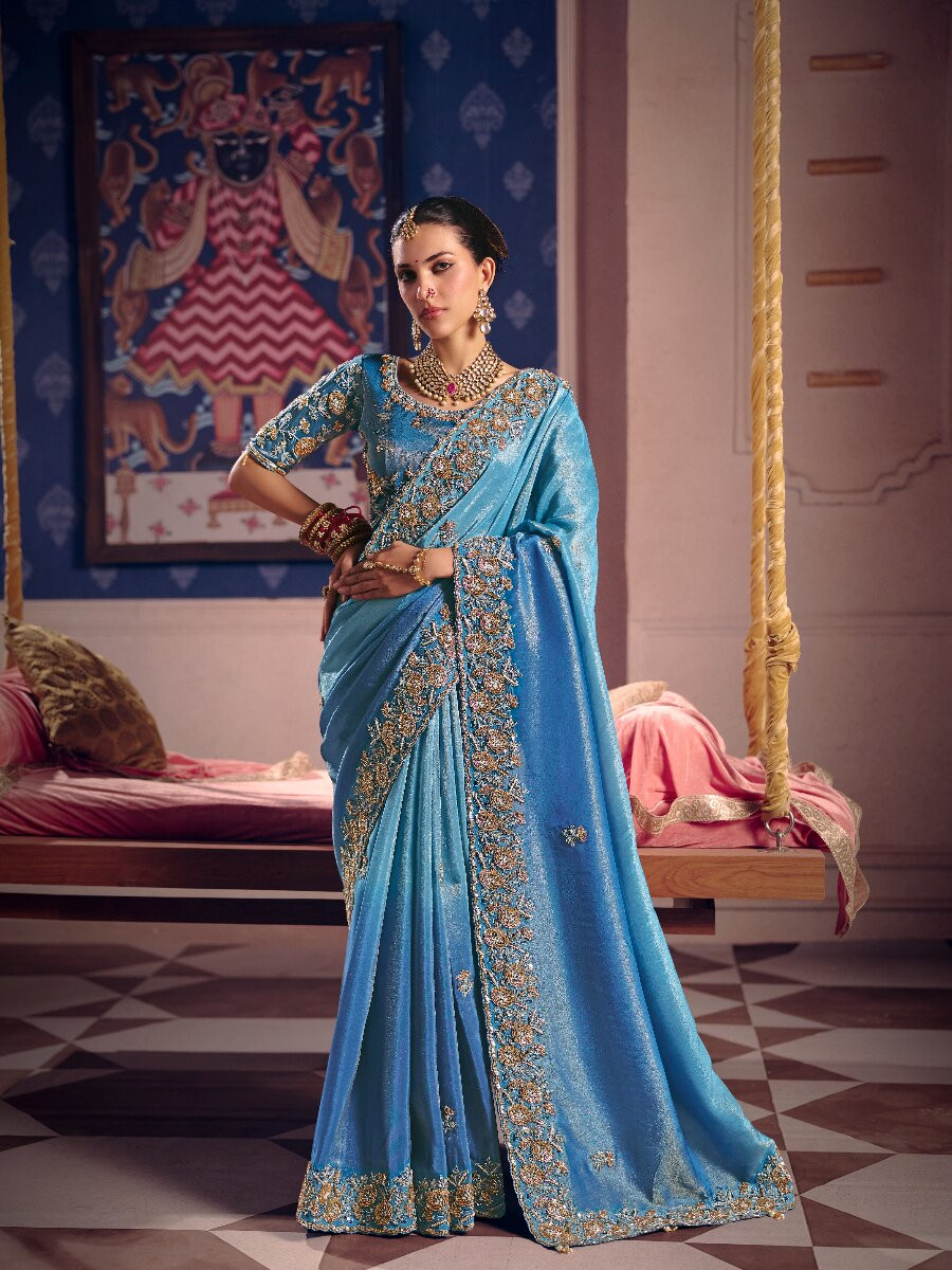 Sky Blue Tissue Silk Embroidery Sequins Zari Wedding Party Festival Casual Heavy Border Sarees