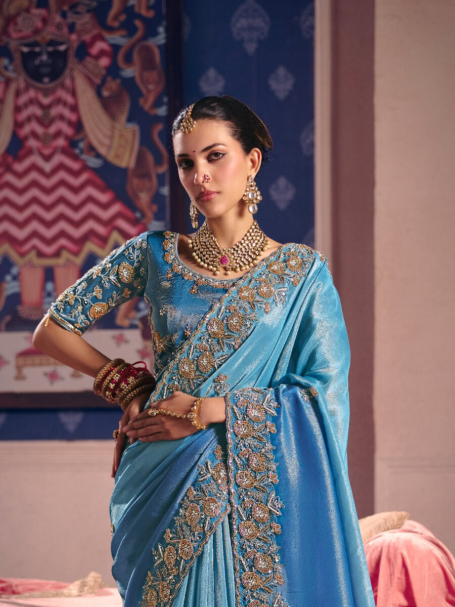 Sky Blue Tissue Silk Embroidery Sequins Zari Wedding Party Festival Casual Heavy Border Sarees