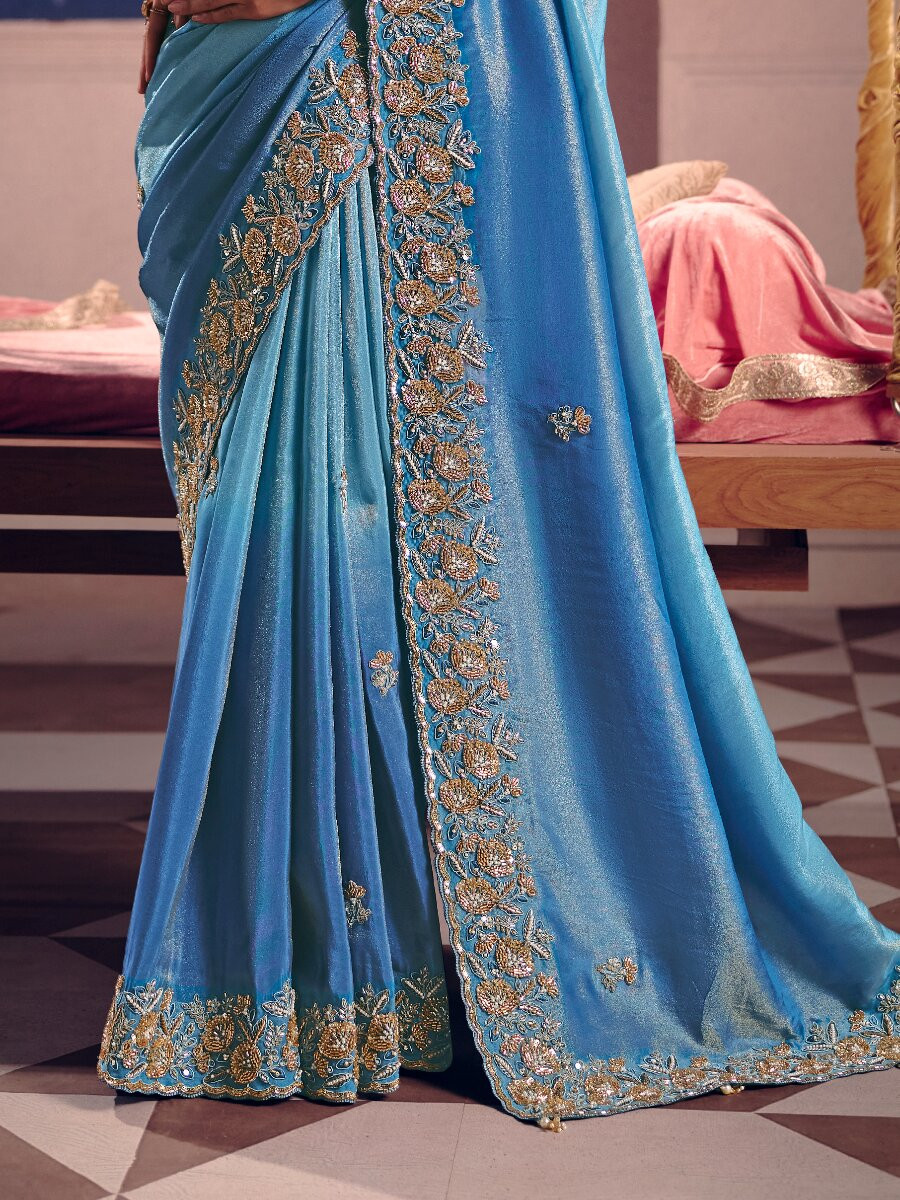 Sky Blue Tissue Silk Embroidery Sequins Zari Wedding Party Festival Casual Heavy Border Sarees
