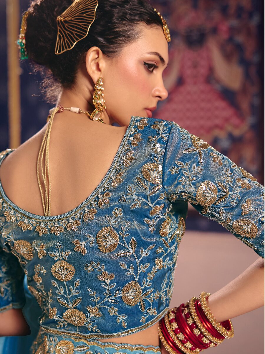 Sky Blue Tissue Silk Embroidery Sequins Zari Wedding Party Festival Casual Heavy Border Sarees