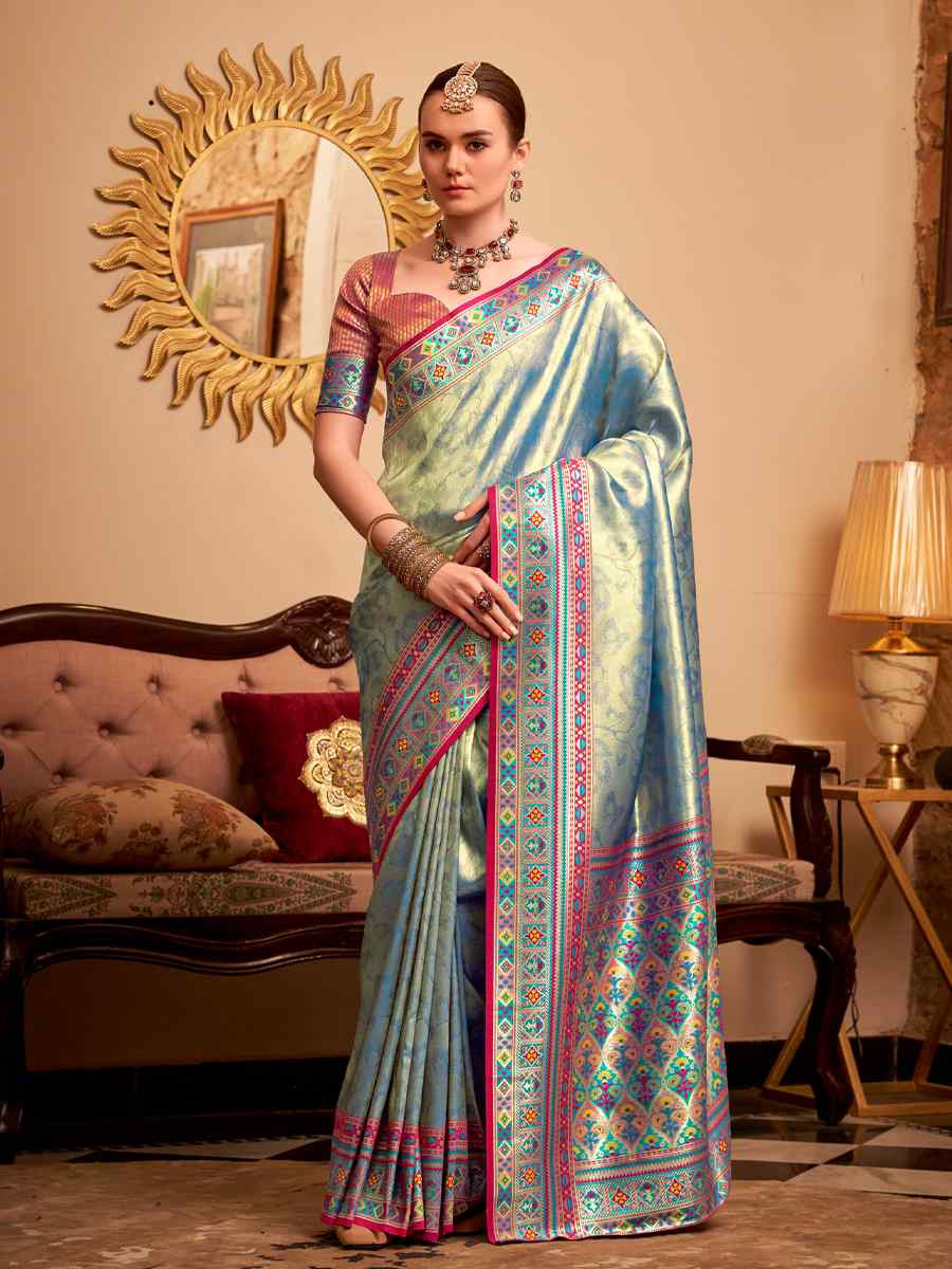 Sky Blue Tissue Silk Handwoven Traditional Bridal Reception Festival Wedding Fancy Heavy Border Saree