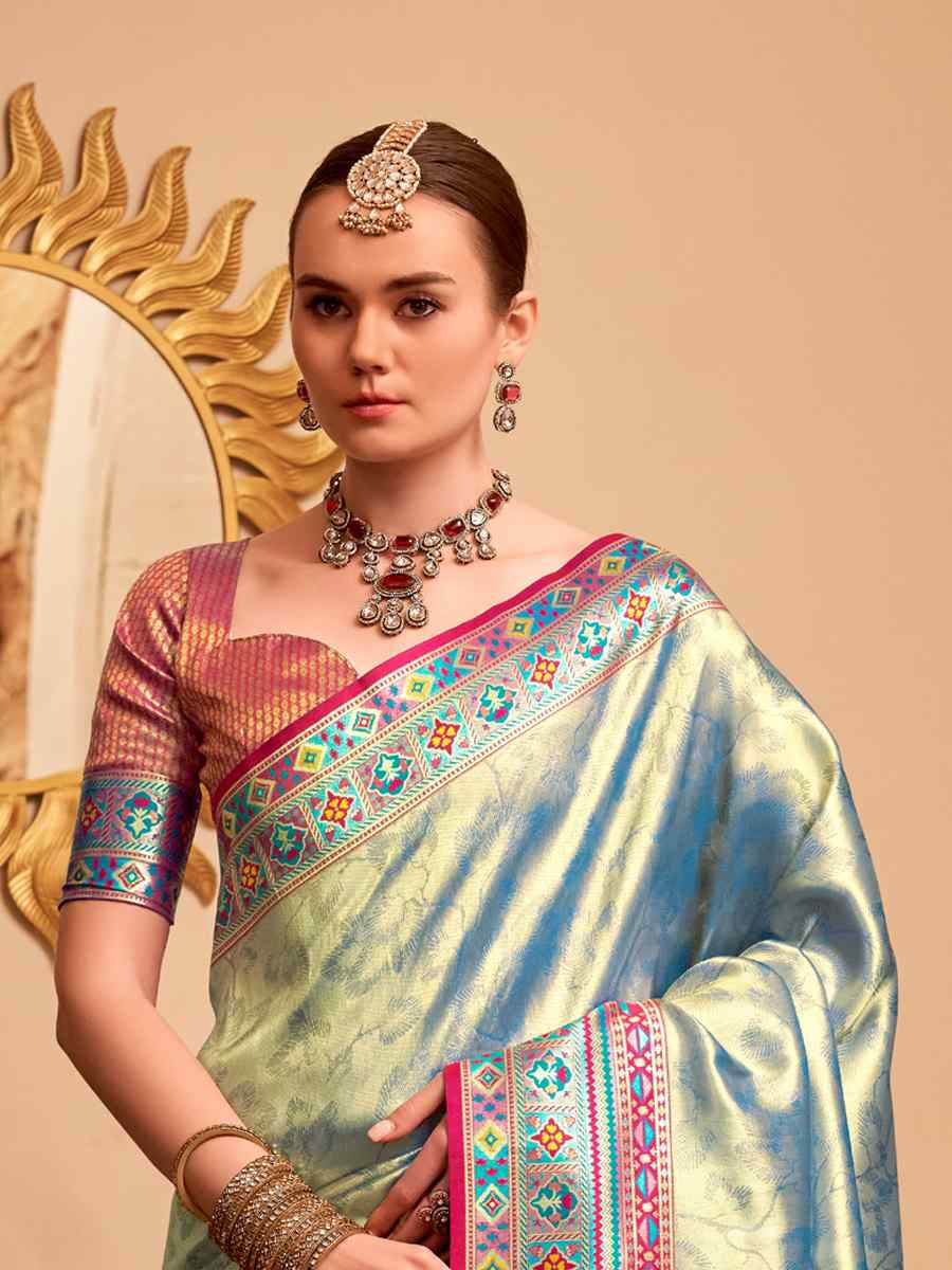 Sky Blue Tissue Silk Handwoven Traditional Bridal Reception Festival Wedding Fancy Heavy Border Saree