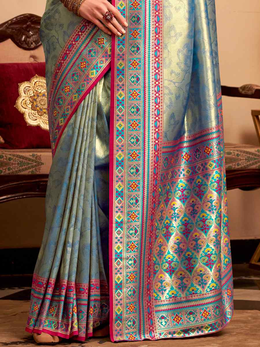Sky Blue Tissue Silk Handwoven Traditional Bridal Reception Festival Wedding Fancy Heavy Border Saree