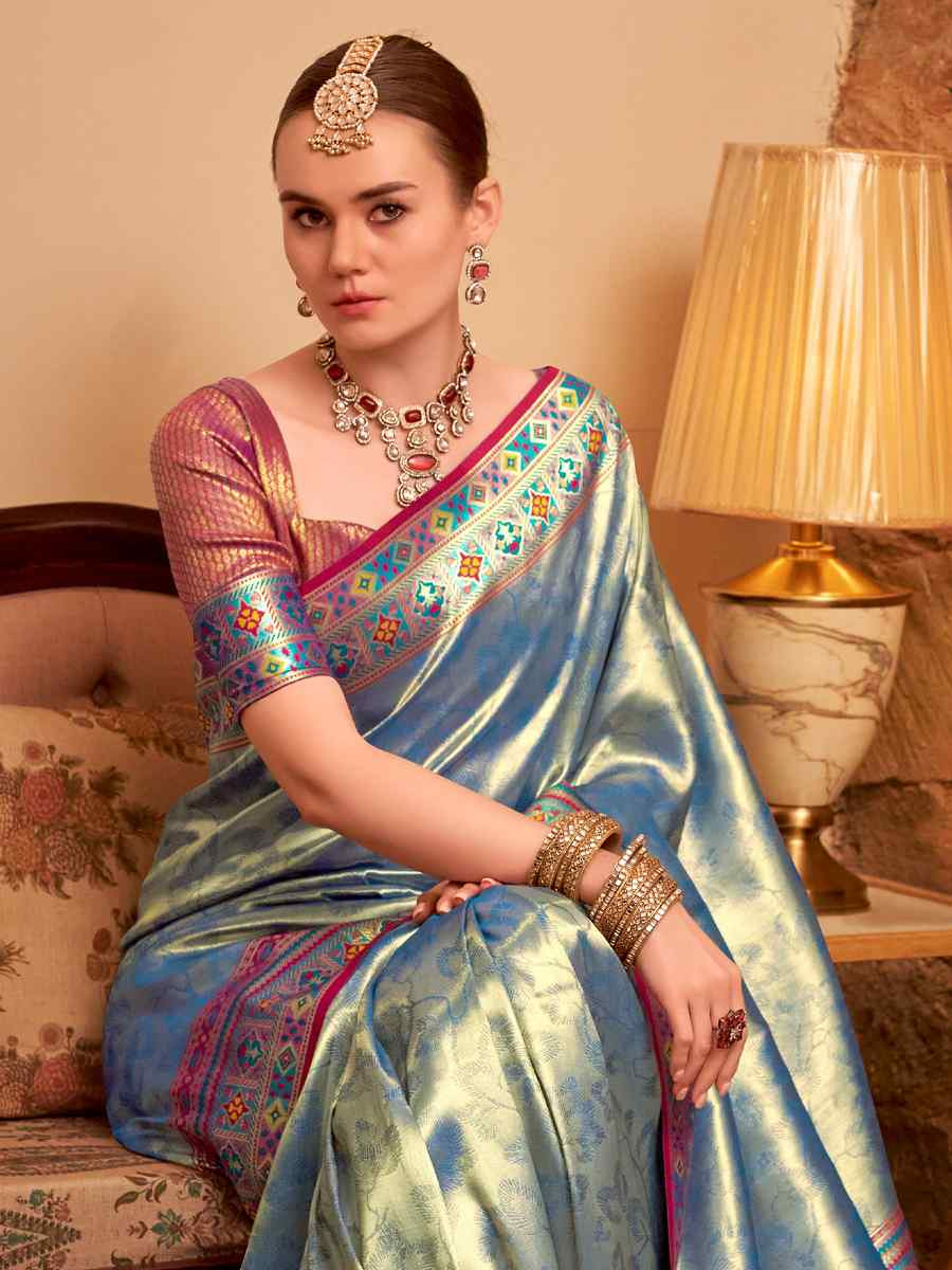 Sky Blue Tissue Silk Handwoven Traditional Bridal Reception Festival Wedding Fancy Heavy Border Saree