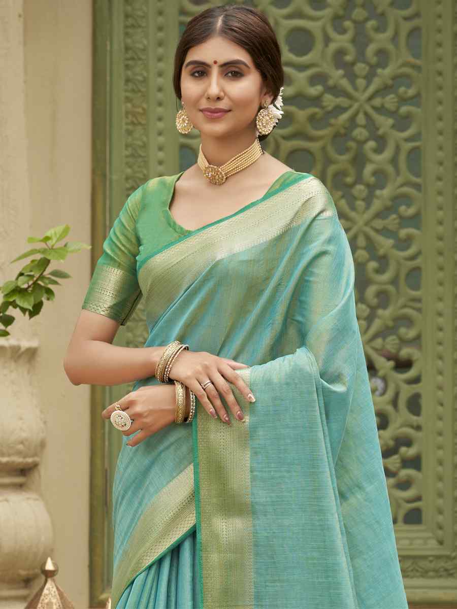 Sky Blue Tussar Silk Handwoven Wedding Festival Heavy Border Saree