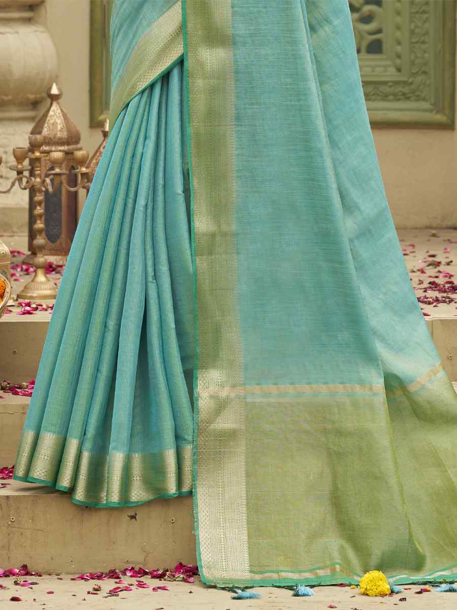 Sky Blue Tussar Silk Handwoven Wedding Festival Heavy Border Saree
