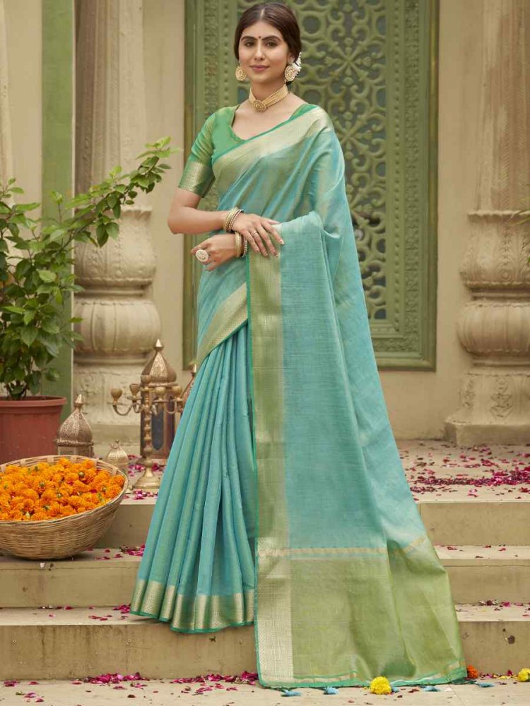 Sky Blue Tussar Silk Handwoven Wedding Festival Heavy Border Saree