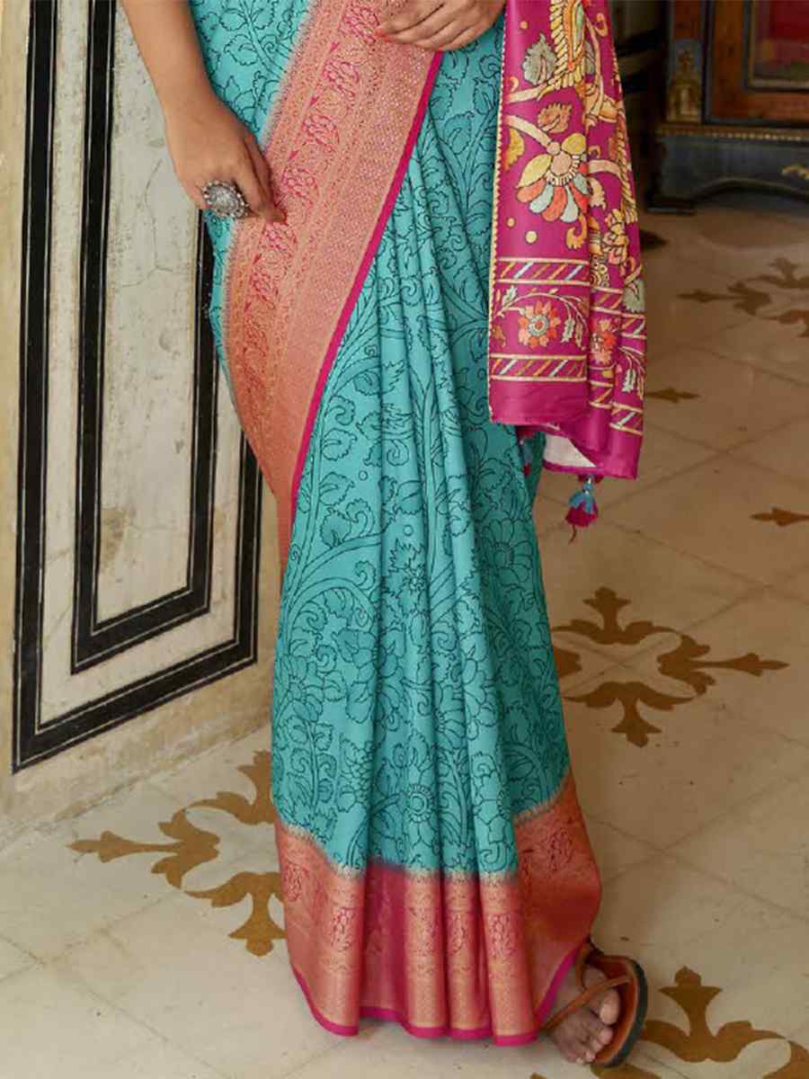 Sky Blue Tussar Silk Printed Casual Festival Contemporary Saree