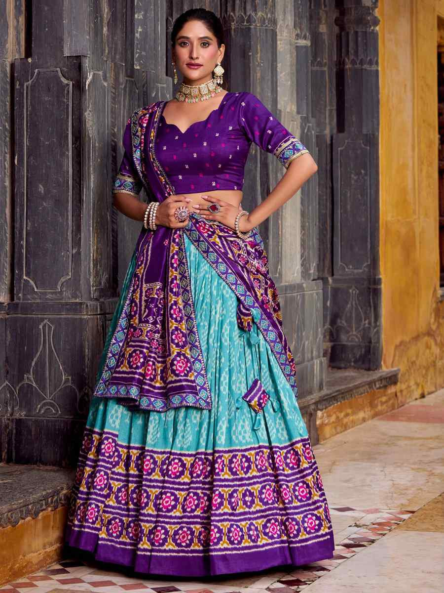 Sky Blue Tussar Silk Printed Festival Traditional Lehenga Choli