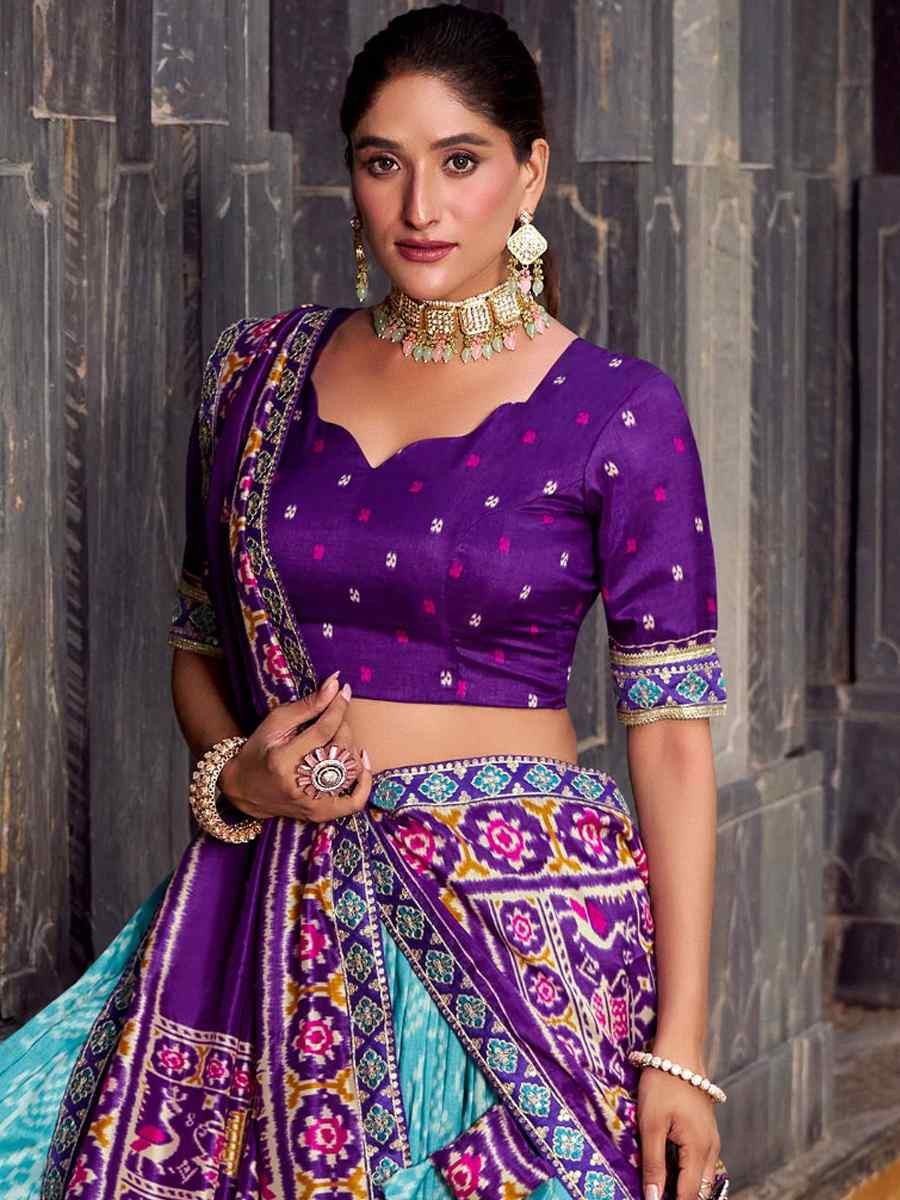 Sky Blue Tussar Silk Printed Festival Traditional Lehenga Choli