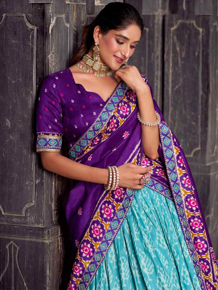 Sky Blue Tussar Silk Printed Festival Traditional Lehenga Choli