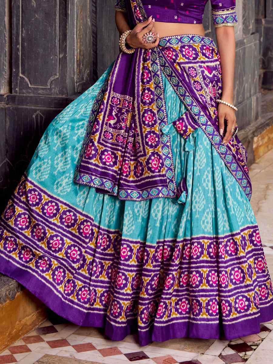 Sky Blue Tussar Silk Printed Festival Traditional Lehenga Choli