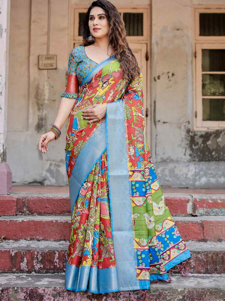 Image of Sky Blue Tussar Silk Zari Handwoven Printed Casual Reception Festival Wedding Fancy Heavy Border Saree