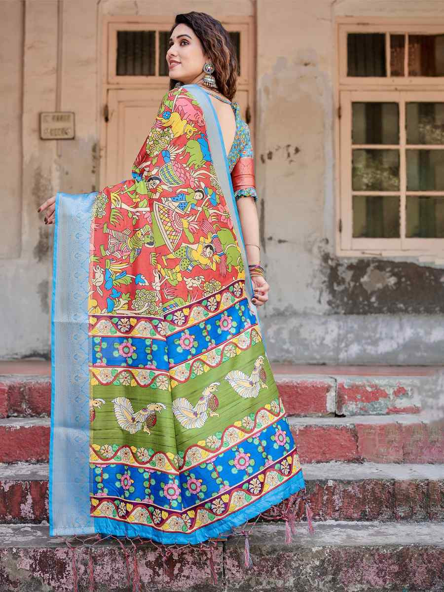 Sky Blue Tussar Silk Zari Handwoven Printed Casual Reception Festival Wedding Fancy Heavy Border Saree