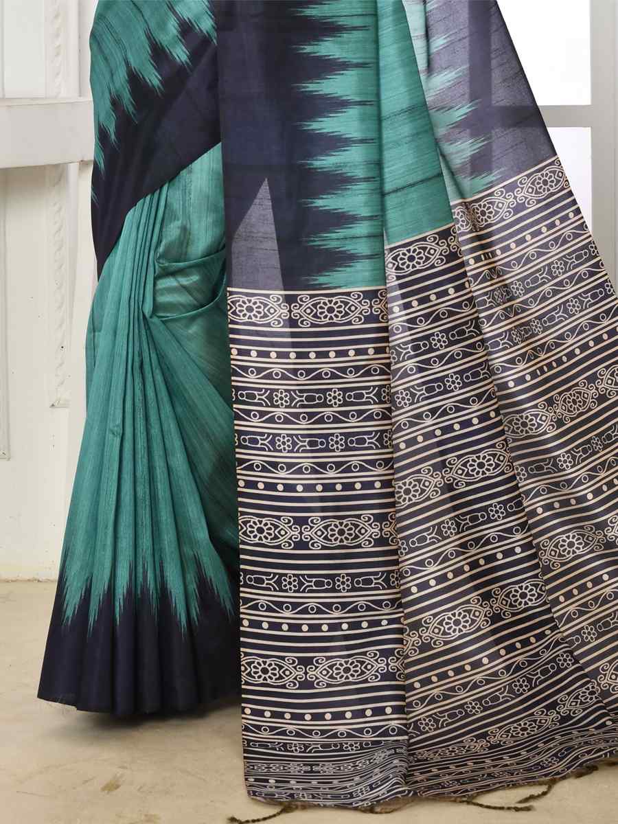 Sky Blue Tusser Silk Printed Reception Party Classic Style Saree