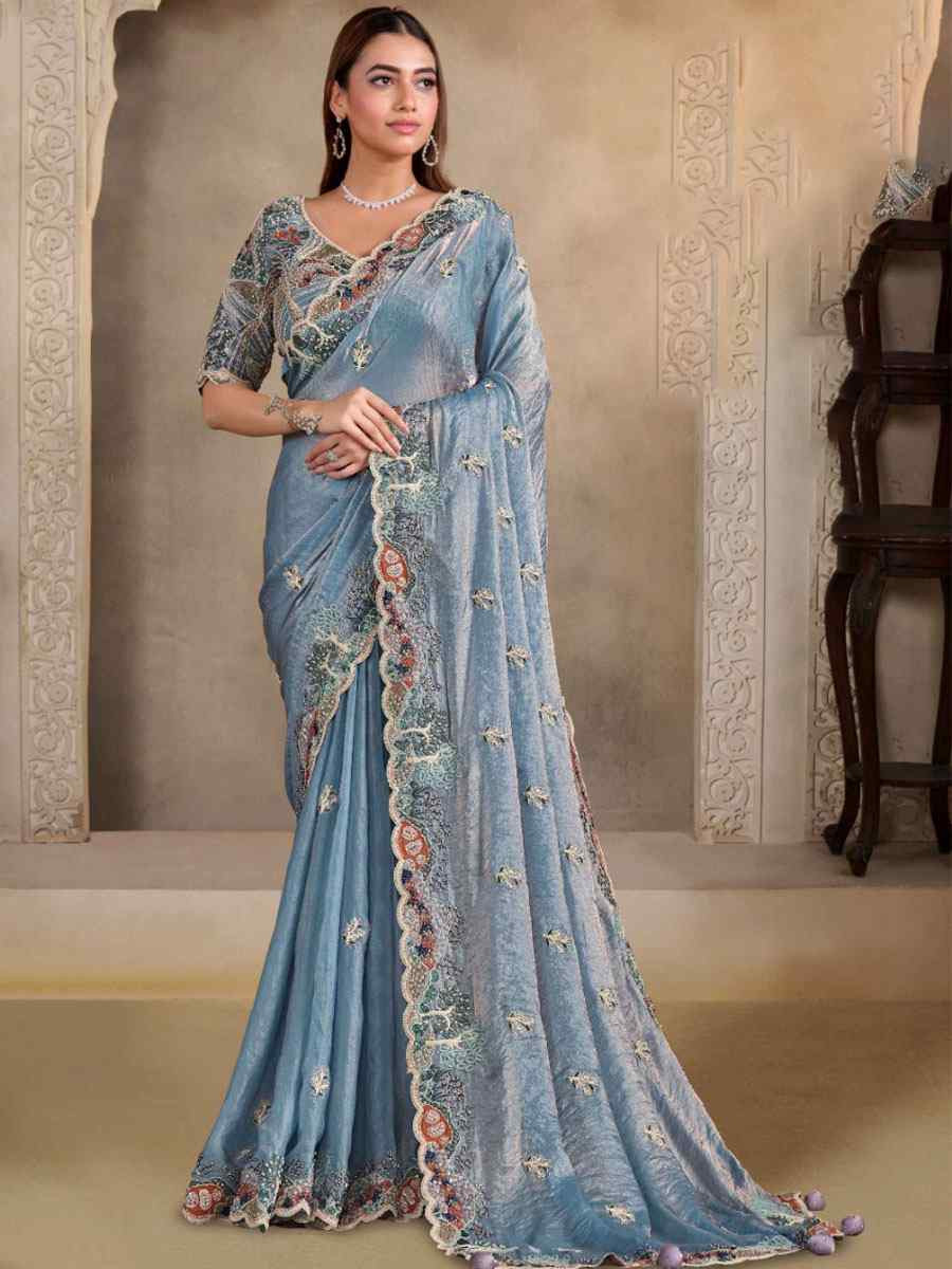 Sky Blue Two Tone Satin Silk Embroidery Festival Wedding Fancy Heavy Border Saree
