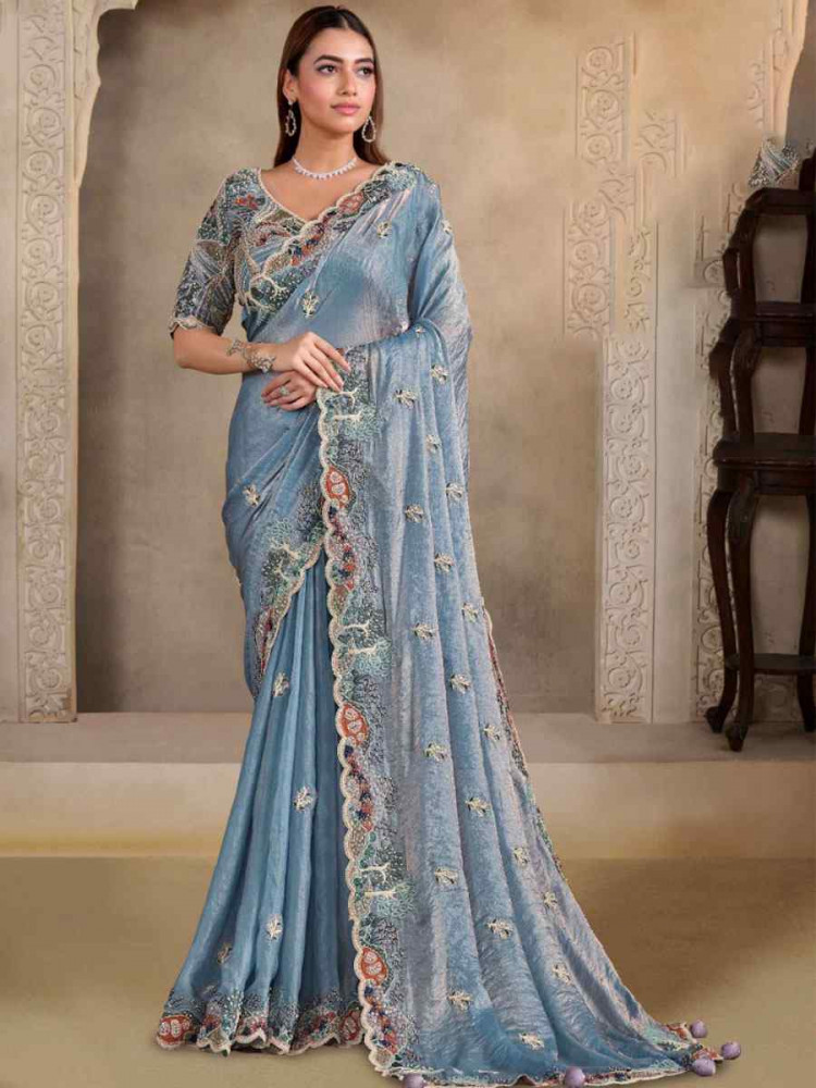Image of Sky Blue Two Tone Satin Silk Embroidery Festival Wedding Fancy Heavy Border Saree