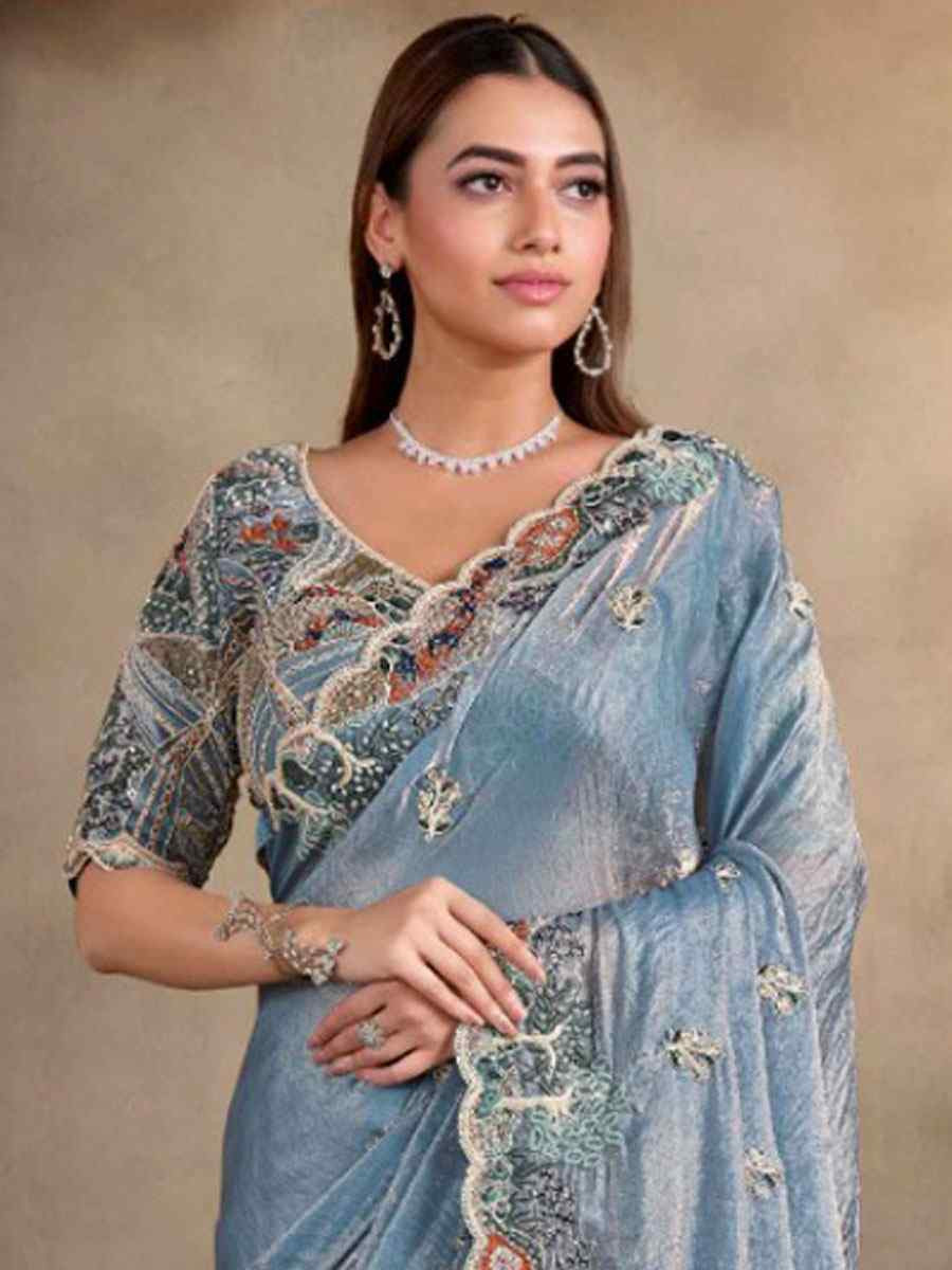 Sky Blue Two Tone Satin Silk Embroidery Festival Wedding Fancy Heavy Border Saree