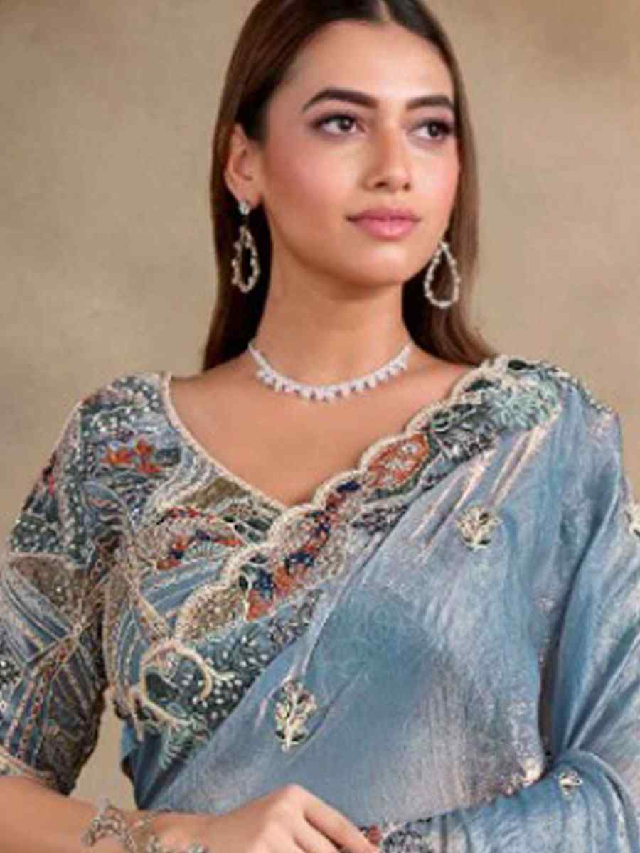 Sky Blue Two Tone Satin Silk Embroidery Festival Wedding Fancy Heavy Border Saree