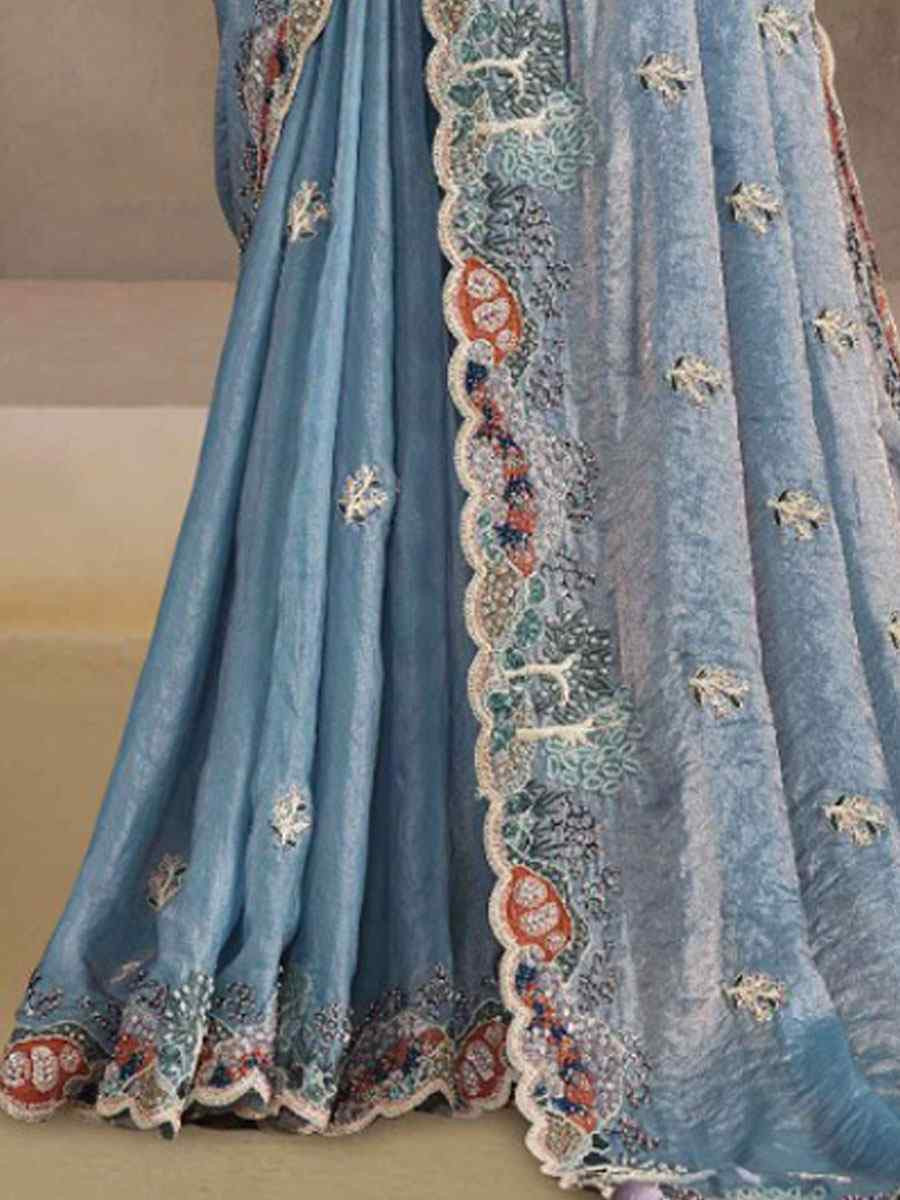 Sky Blue Two Tone Satin Silk Embroidery Festival Wedding Fancy Heavy Border Saree