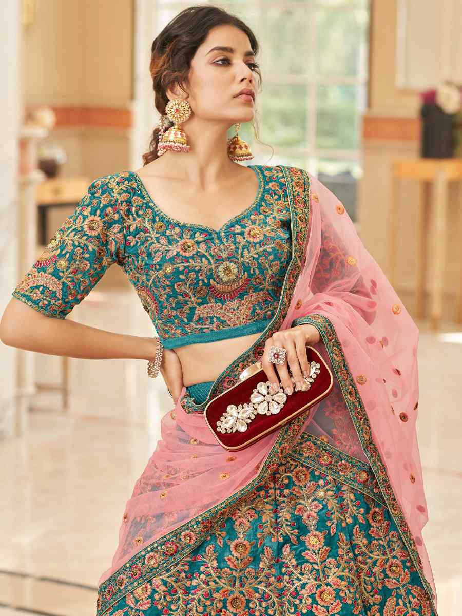 Sky Blue Velvet Embroidered Engagement Wedding Heavy Border Lehenga Choli