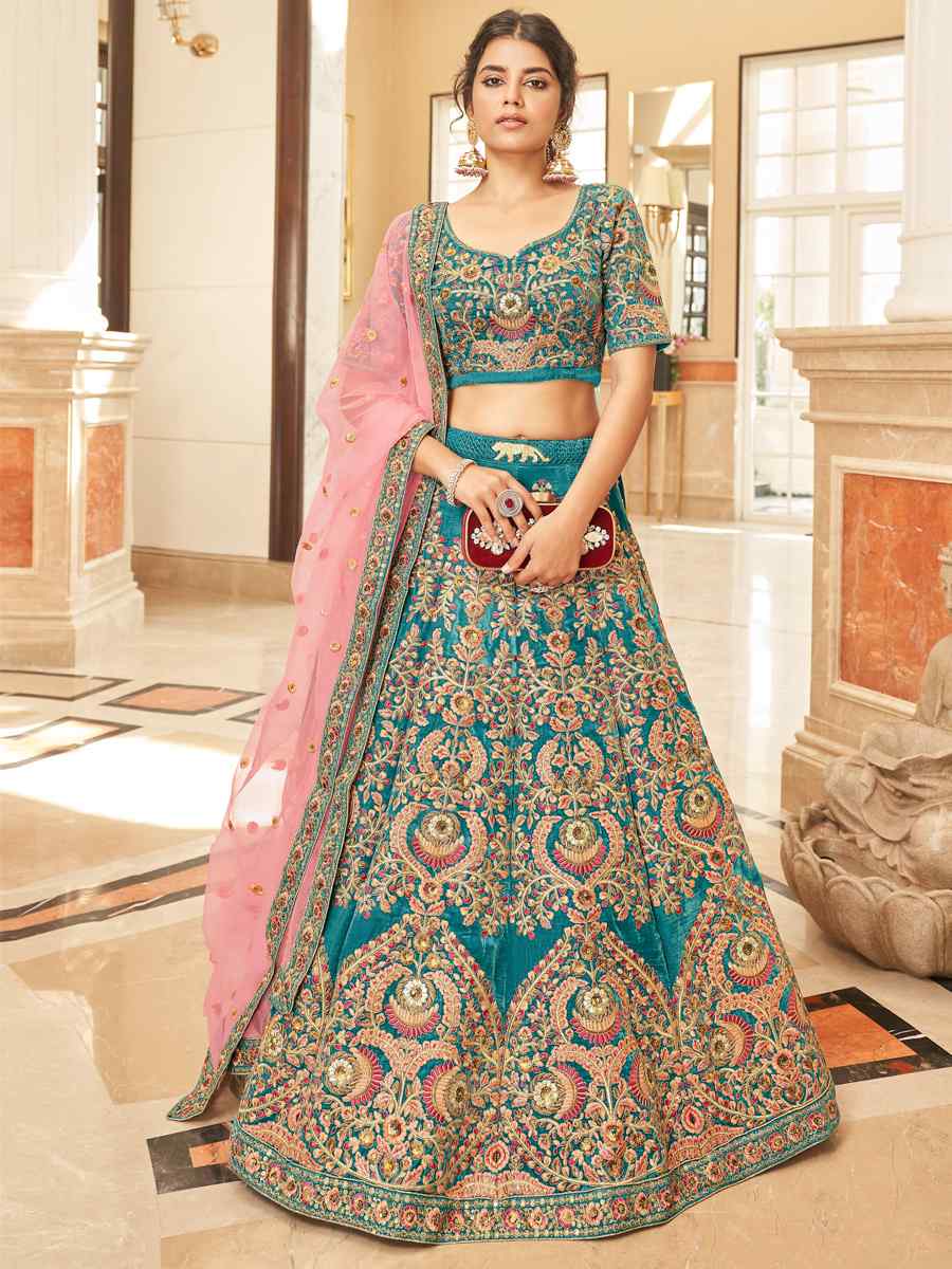 Sky Blue Velvet Embroidered Engagement Wedding Heavy Border Lehenga Choli
