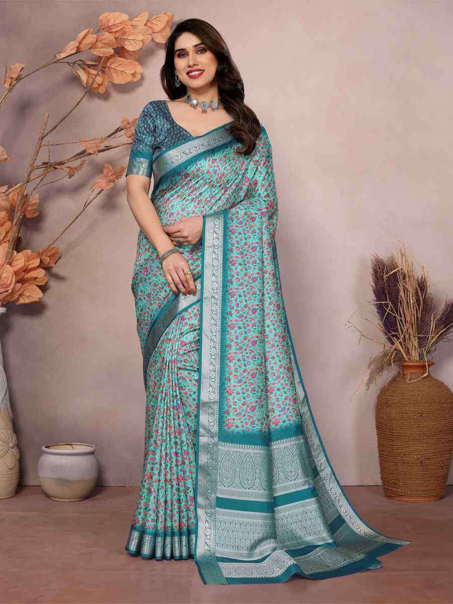 Sky Blue Vichitra Silk Digital Printed Work Festival Wedding Fancy Heavy Border Saree