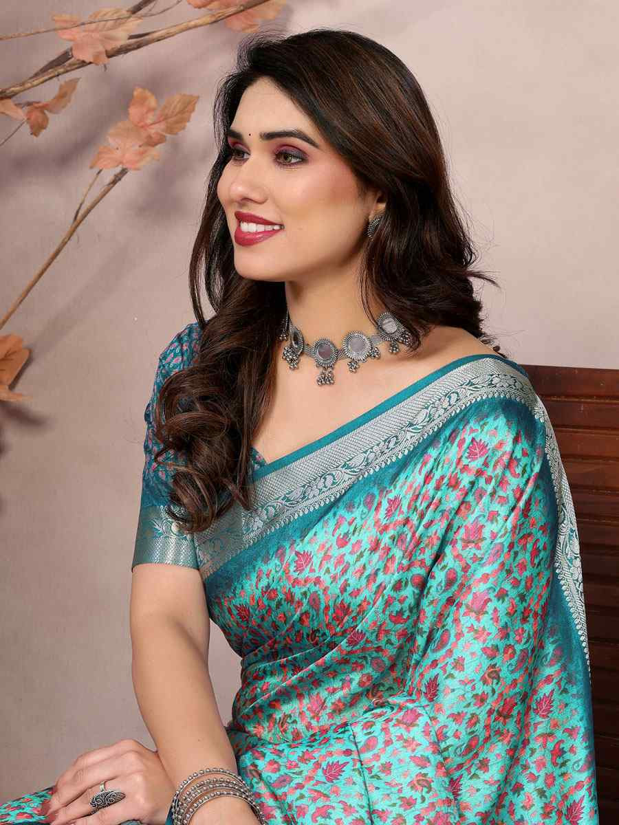 Sky Blue Vichitra Silk Digital Printed Work Festival Wedding Fancy Heavy Border Saree